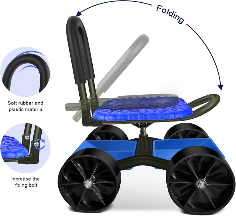 iCover Garden Cart Rolling Stool Four Wheels with Tool Bag and Two Patio Gloves, Stable Workseat Sturdy Carts Adjustable Seat Height and Direction, Gardening Helper - Image 5